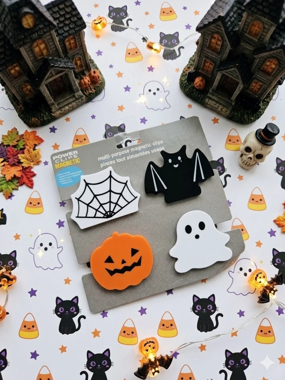Halloween Magnetic Clips Set - Orange Pumpkin, Black Bat, White Ghost & Web